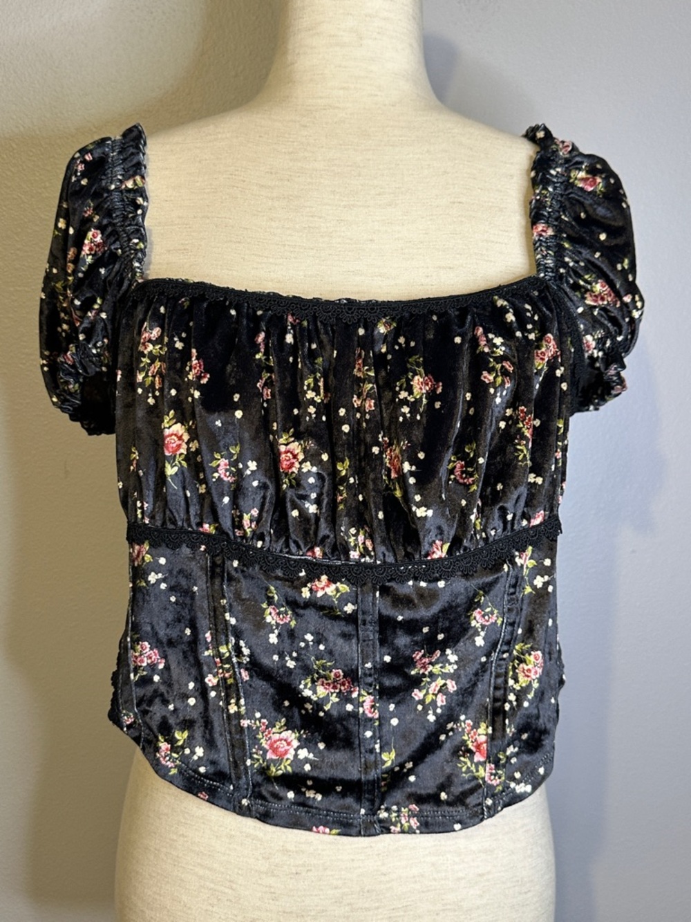Free People Floral Velvet Corset Puff Sleeve Milkmaid Top Black XS Boho Cottage